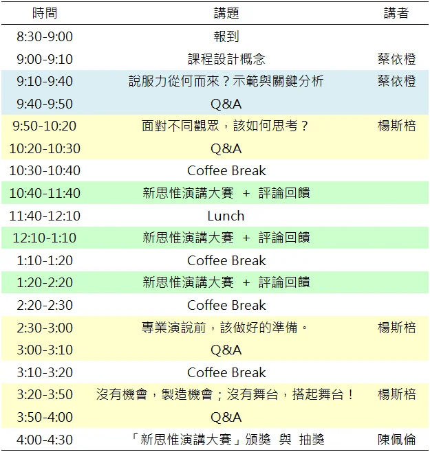 演講技巧 與 溝通 工作坊 時間表 楊斯棓 蔡依橙 新思惟國際